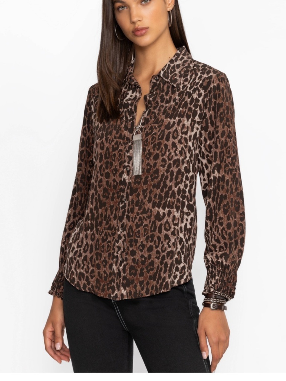 Johnny Was Leopard 100% Silk Smocked Cuff‎ Western Shirt